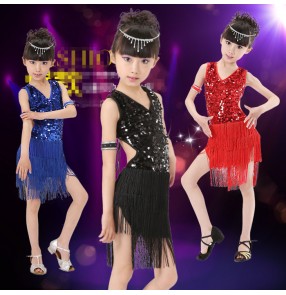 Red black royal blue sleeveless sequins girls kids children fringes tassels performance practice school play latin salsa cha cha dance dresses outfits